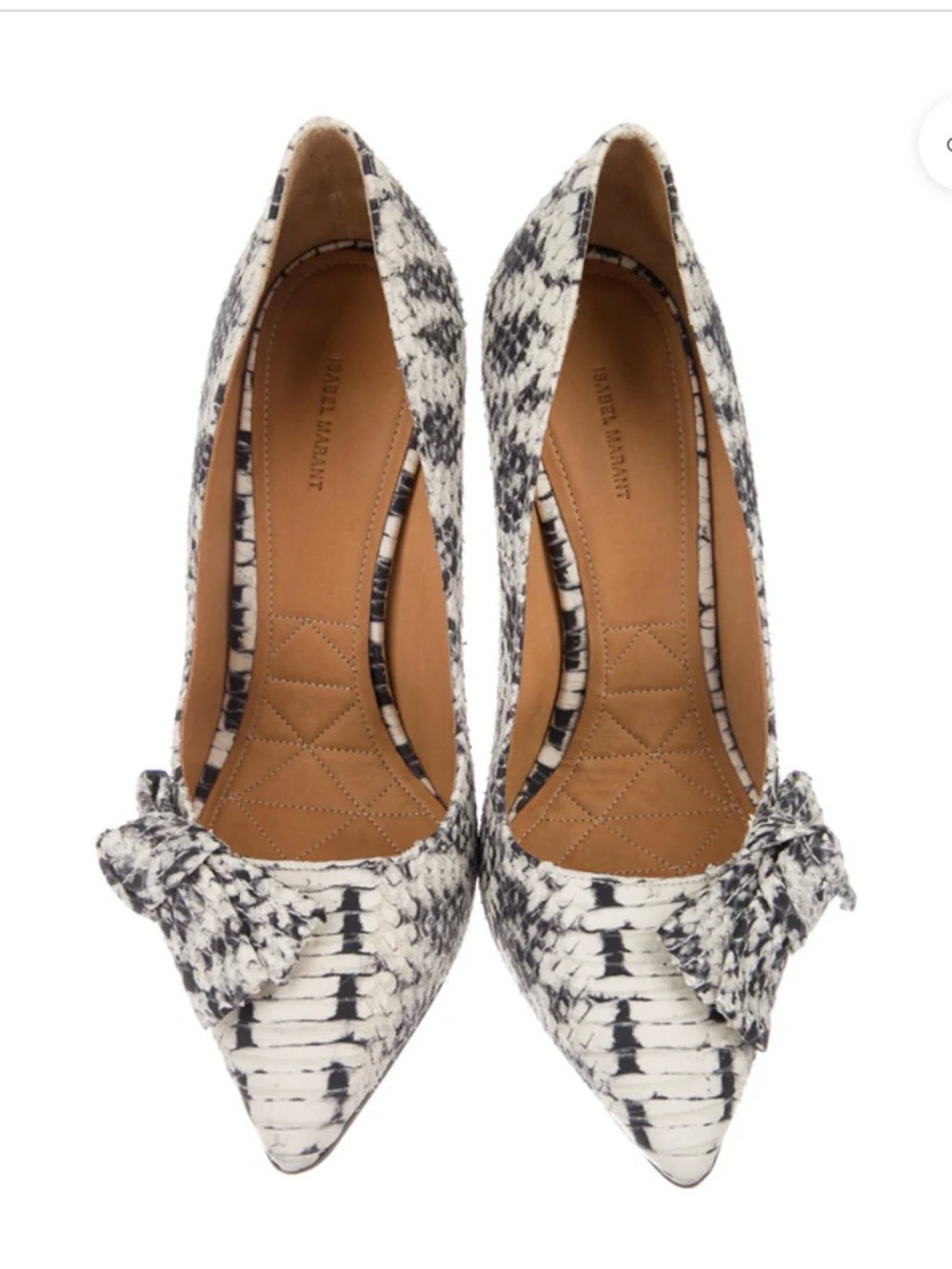 Isabel Marant Black and White Snakeskin Bow Pointed Pumps